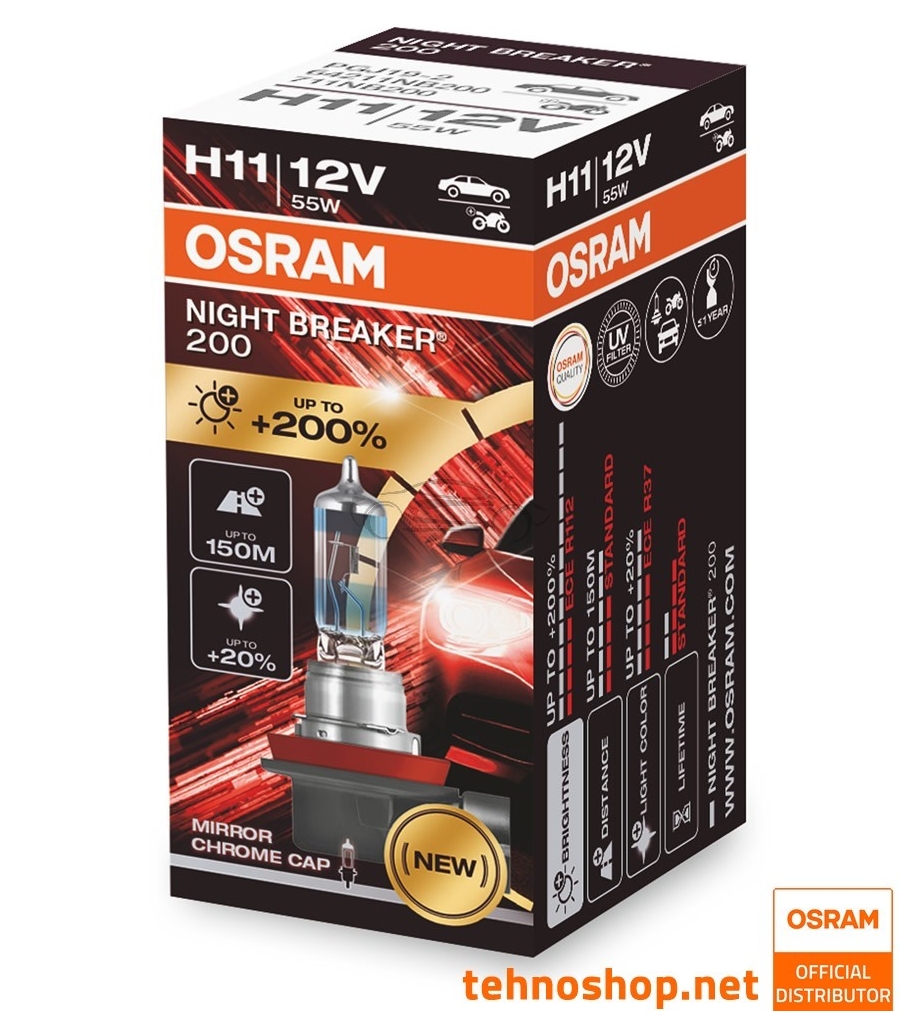 HALOGEN BULB OSRAM H11 NIGHT BREAKER +200% 64211NB200 +200% 55W PGJ19-2 FS1