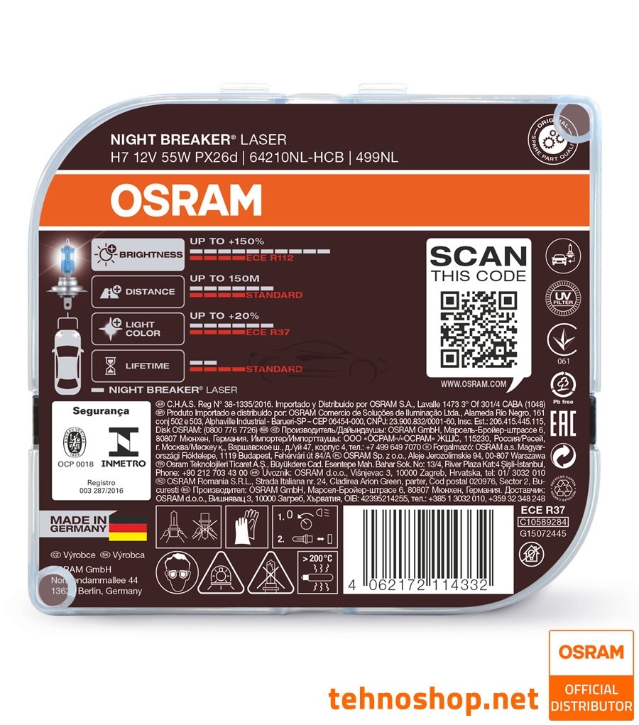 BULB OSRAM HALOGEN H7 NIGHT BREAKER LASER 64210NL-HCB 12V 55W PX26d