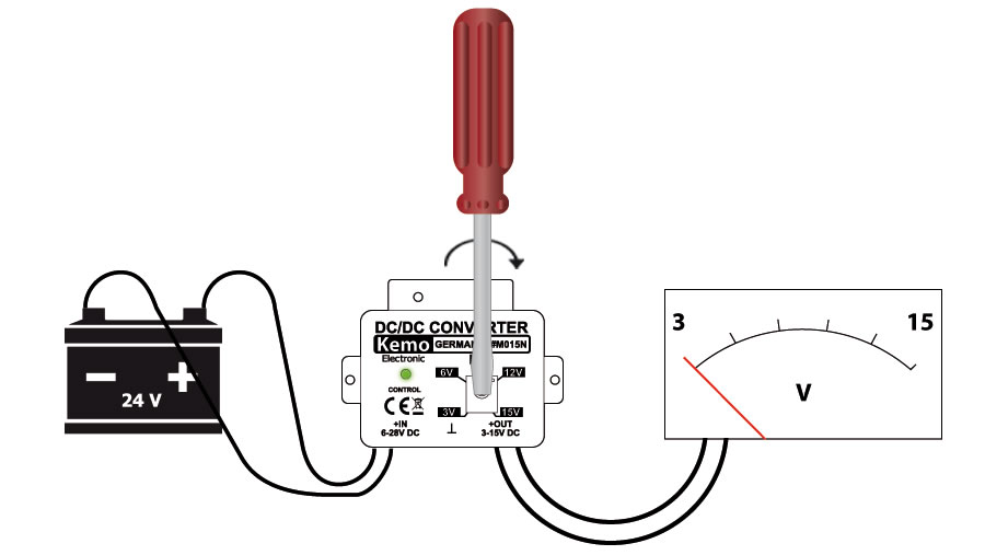 Pretvornik napetosti voltage dropper kemo m015n. Nastavljiv od 3V do 15V. 