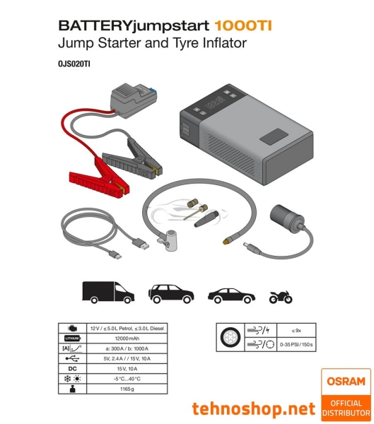 BOOSTER - ZAGANJALEC MOTORJA OSRAM BATTERYjumpstart 1000TI OJS020TI 12000mAh