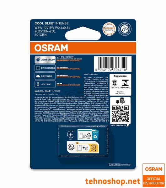 ŽARNICA OSRAM HALOGEN W5W 2825CBN-2BL COOL BLUE INTENSE 5W 12V W2.1x9.5d 2BL
