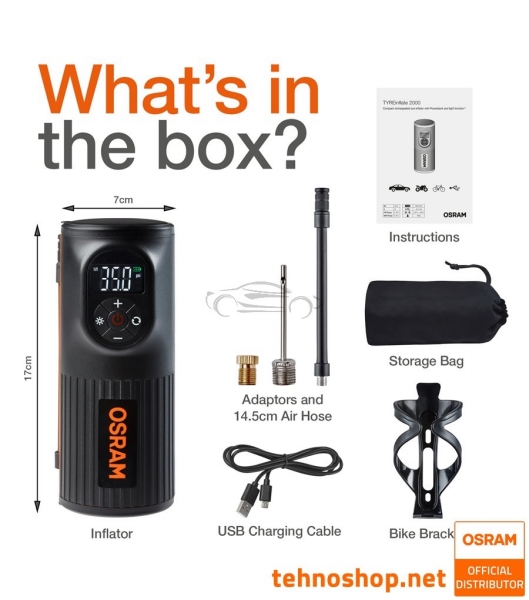 PRENOSNI BATERIJSKI ZRAČNI KOMPRESOR OSRAM TYREinflate 2000 OTIR2000