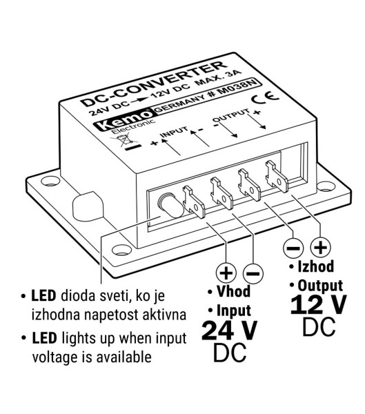 PRETVORNIK NAPETOSTI KEMO M038N 24V na 12V max. 3A
