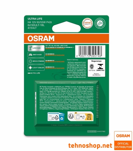 OSRAM HALOGEN BULB H4 64193ULT-1BL ULTRALIFE 60/55W 12V P43t 1BL