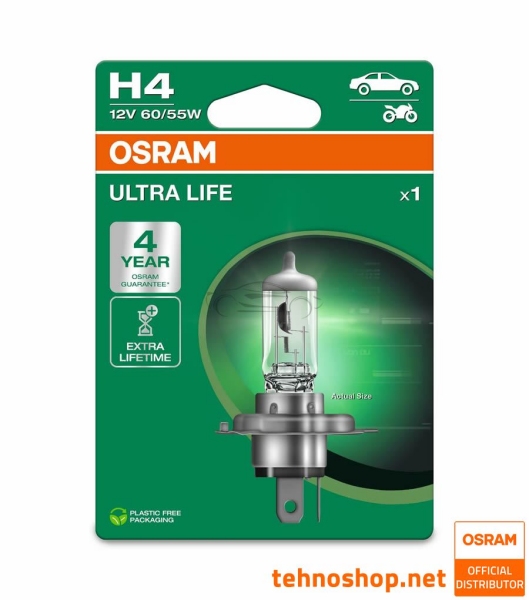 OSRAM HALOGEN BULB H4 64193ULT-1BL ULTRALIFE 60/55W 12V P43t 1BL
