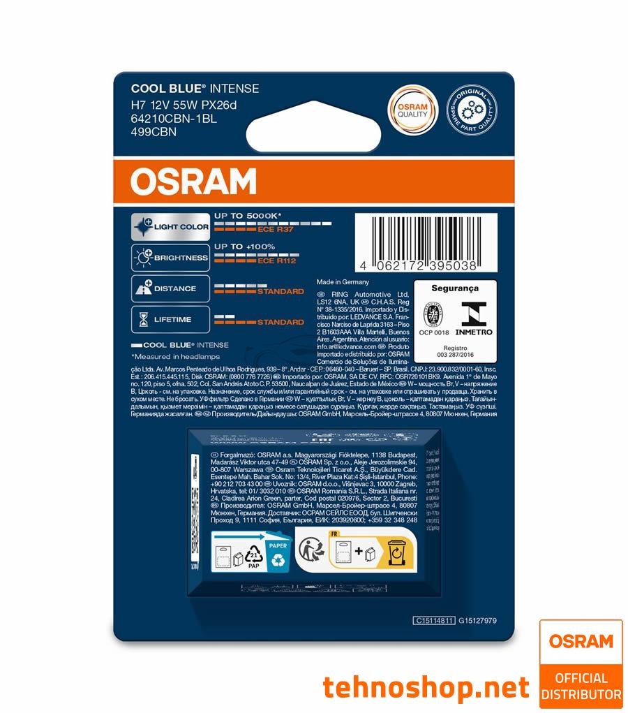 ŽARNICA OSRAM HALOGEN H7 64210CBN-1BL COOL BLUE INTENSE 55W 12V PX26d 1BL