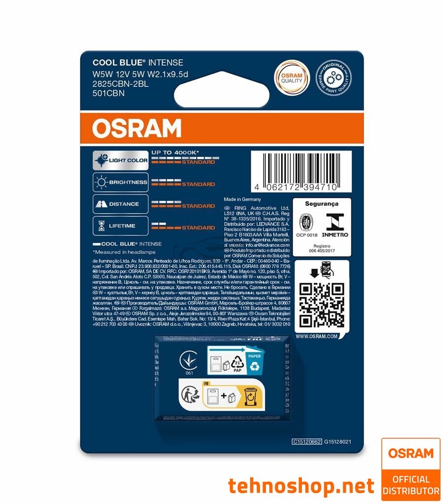 ŽARNICA OSRAM HALOGEN W5W 2825CBN-2BL COOL BLUE INTENSE 5W 12V W2.1x9.5d 2BL