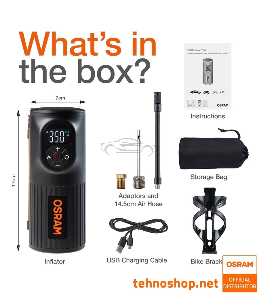 PRENOSNI BATERIJSKI ZRAČNI KOMPRESOR OSRAM TYREinflate 2000 OTIR2000