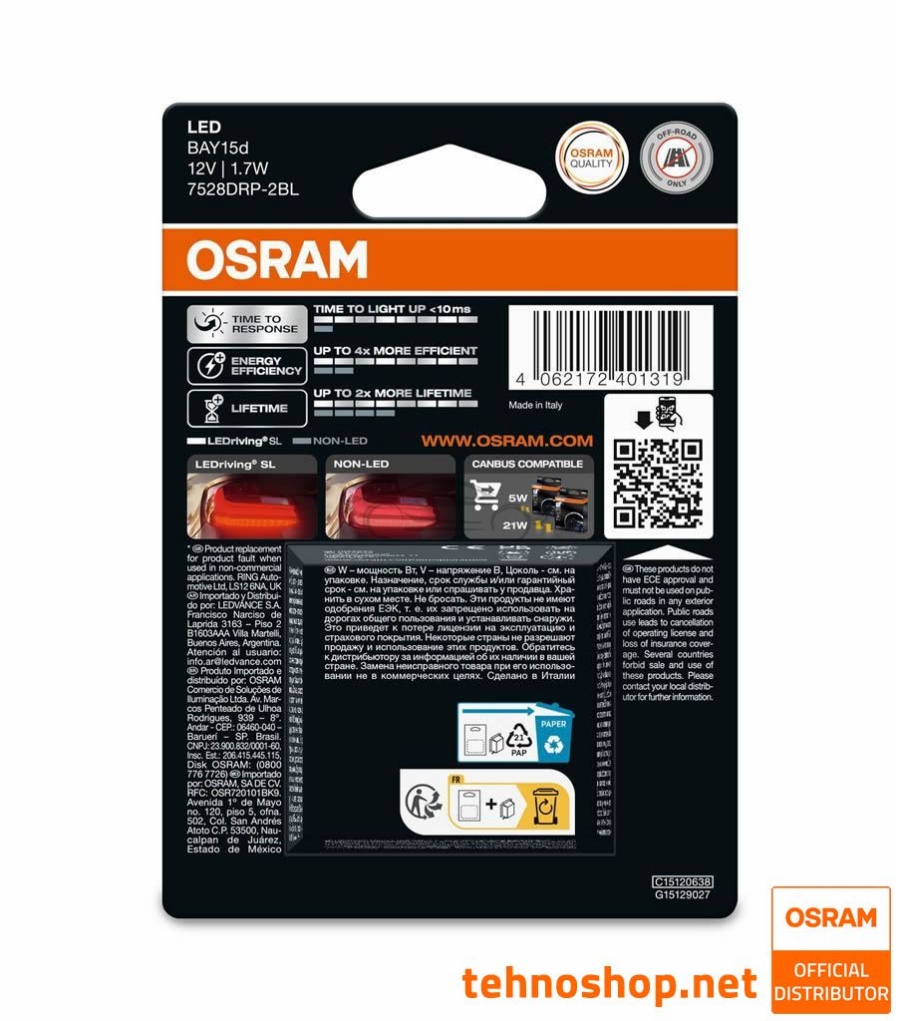 LED ŽARNICA OSRAM P21/5W LEDriving SL 12V 1,4W 7528DRP-2BL BAY15d 2BL
