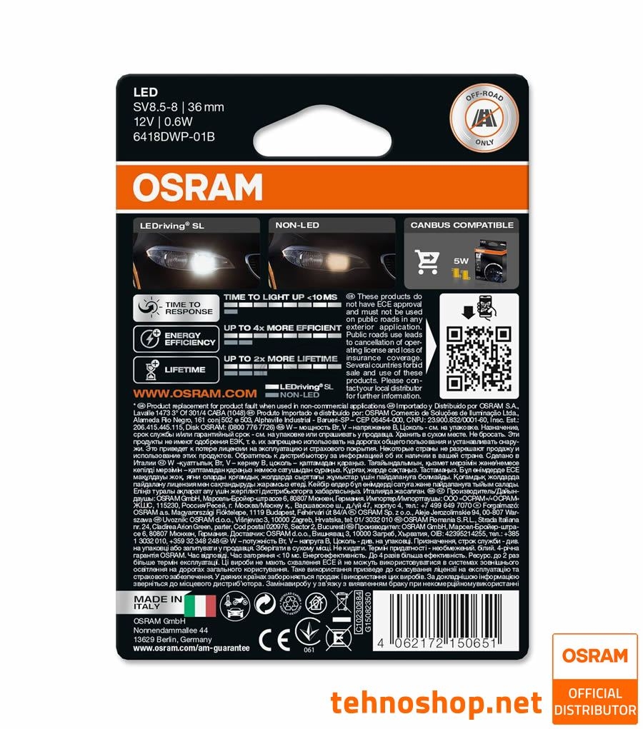 ŽARNICA OSRAM LED C5W (36 mm) LEDriving SL 12V 0,6W 6418DWP-1BL SV8.5-8 1BL