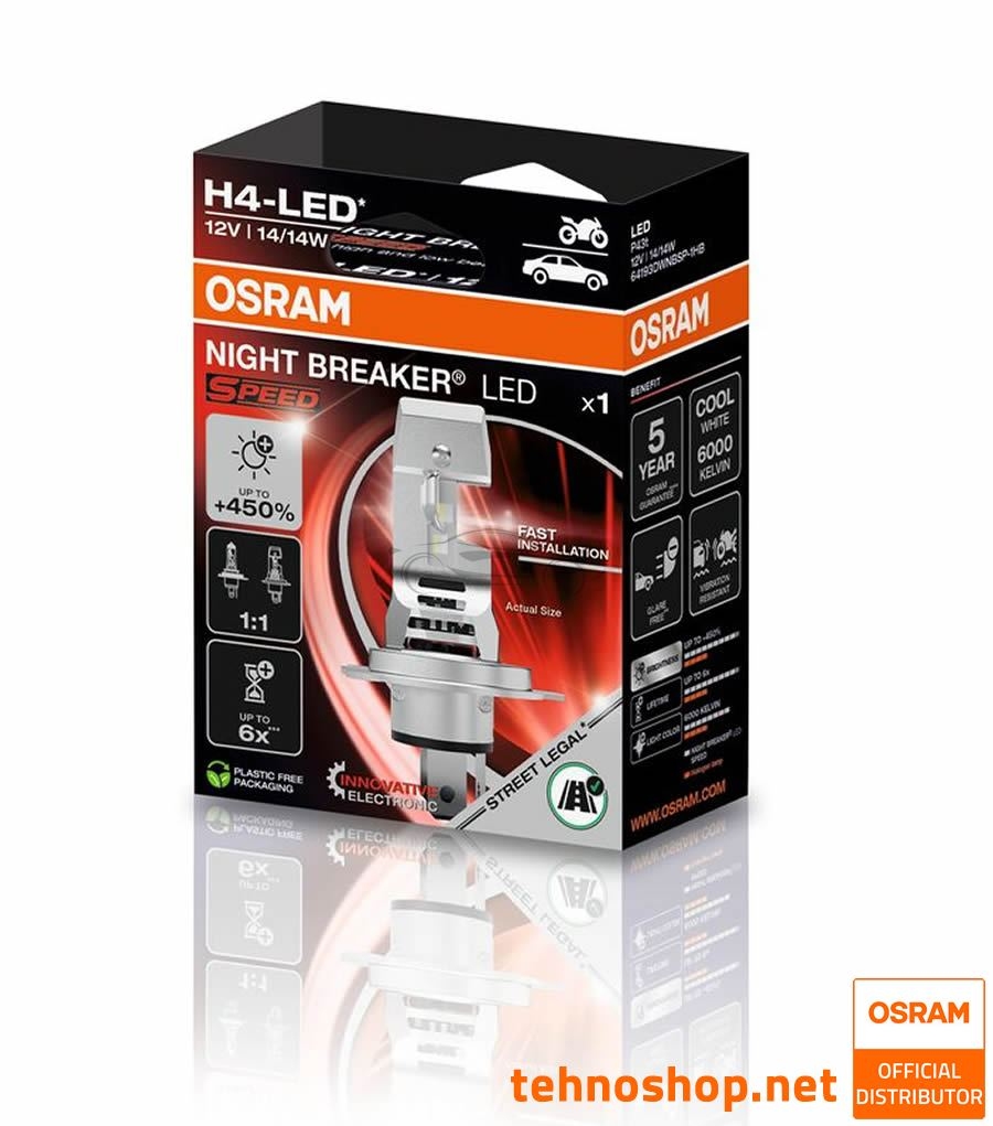 LED BULBS OSRAM NIGHT BREAKER SPEED 450 H4 64193DWNBSP-1HB 12V P43t 1HB