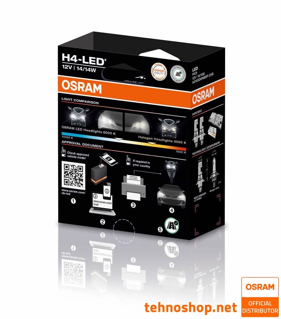 LED BULBS OSRAM NIGHT BREAKER SPEED 450 H4 64193DWNBSP-2HB 12V P43t 2HB