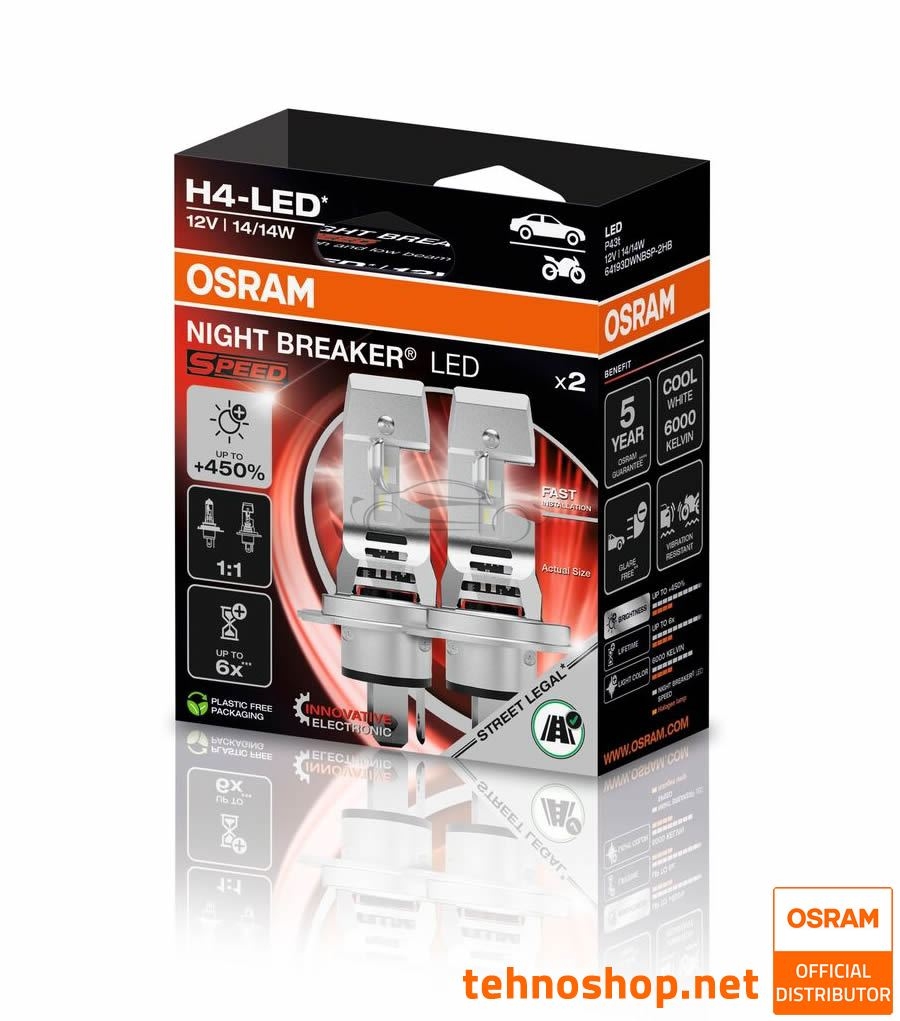 LED BULBS OSRAM NIGHT BREAKER SPEED 450 H4 64193DWNBSP-2HB 12V P43t 2HB