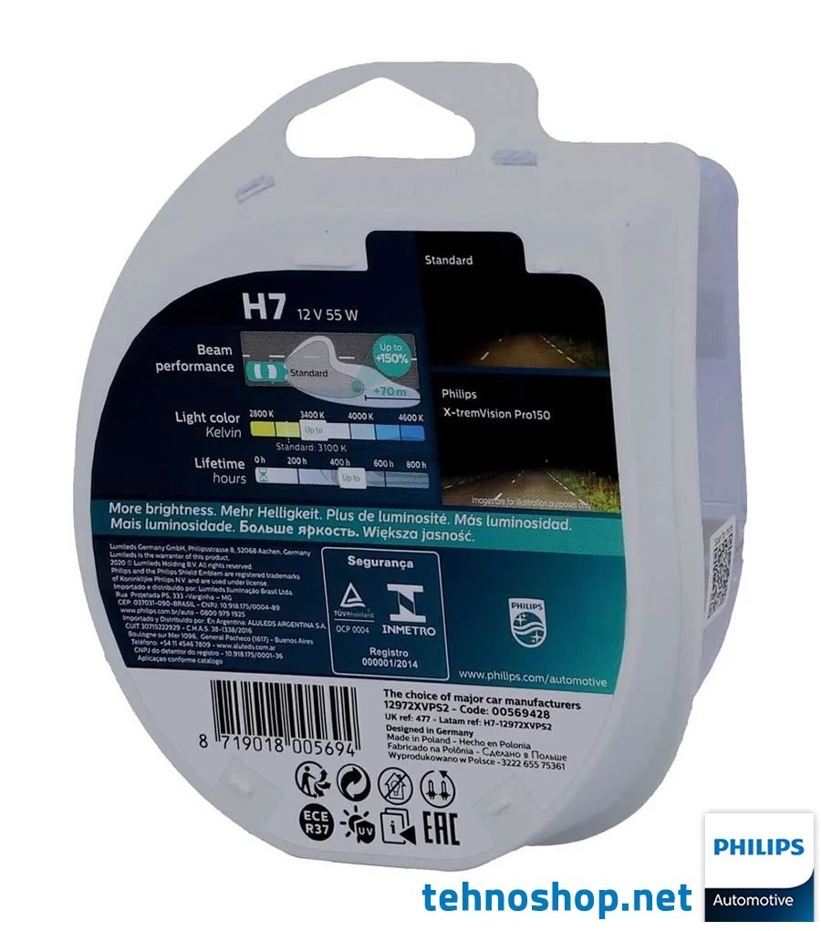 ŽARNICA PHILIPS HALOGEN H7 X-tremeVision Pro +150% 12972XVPS2 55W 12V PX26d S2