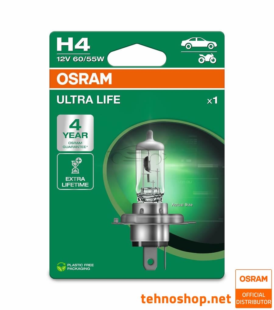 OSRAM HALOGEN BULB H4 64193ULT-1BL ULTRALIFE 60/55W 12V P43t 1BL