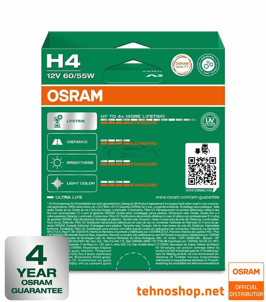 ŽARNICA OSRAM HALOGEN H4 64193ULT-2HB ULTRALIFE 60/55W 12V P43t 2HB