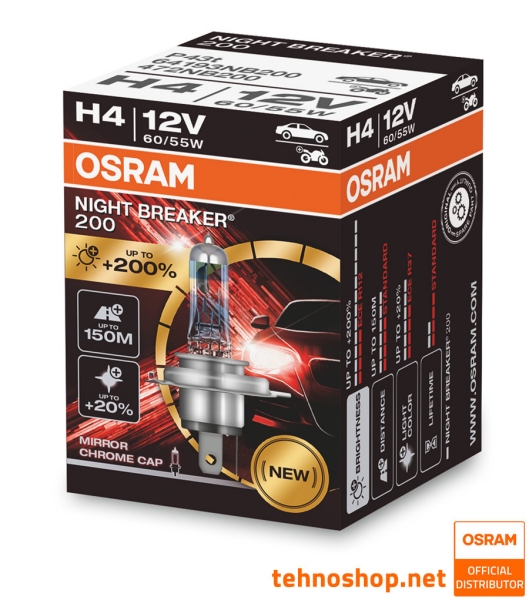 HALOGEN BULB OSRAM H4 NIGHT BREAKER 200 64193NB200 +200% 60/55W P43t FS1