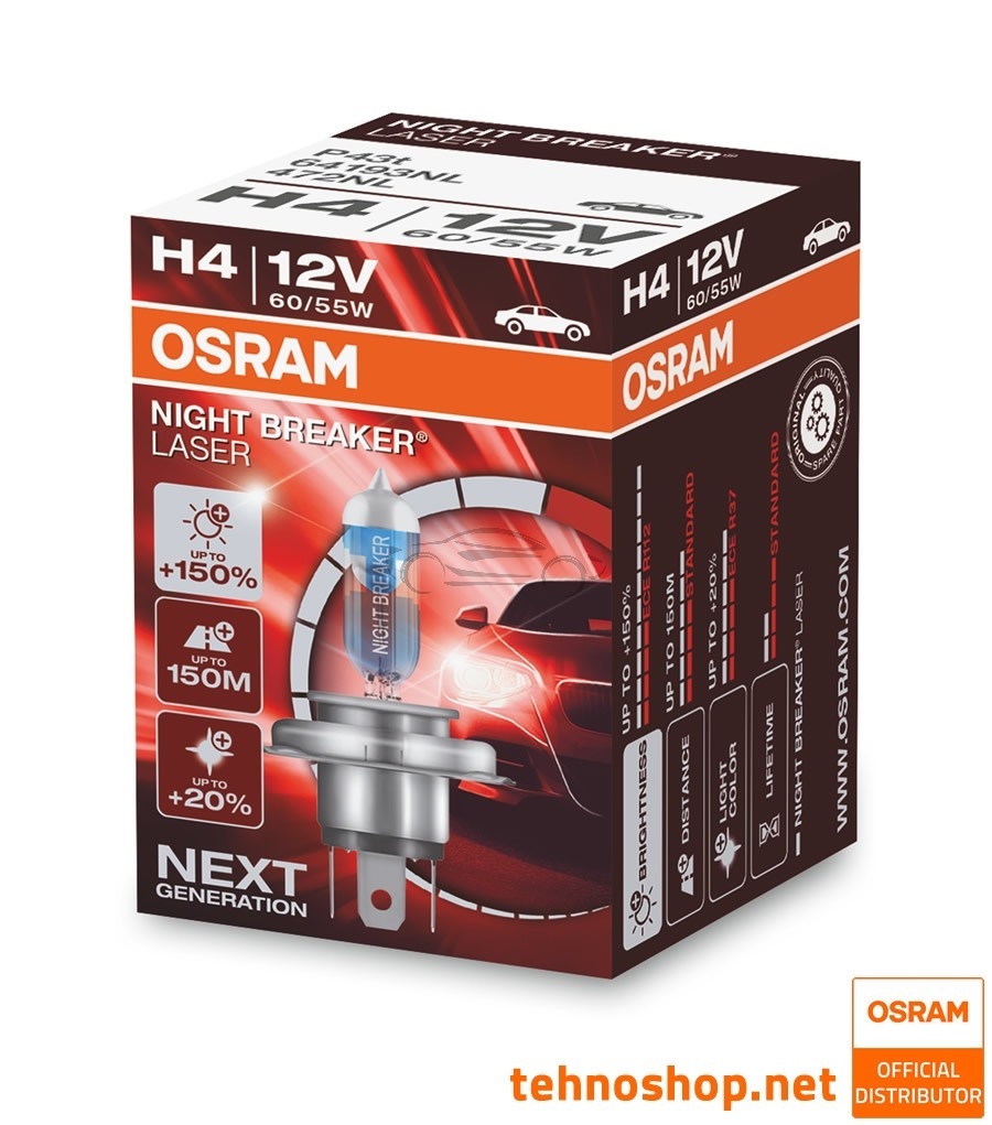 Osram 64193NBL-01B Night Breaker Laser H4 Halogen Headlight Lamp, 12V,  Single Blister, 1 Piece : : Automotive