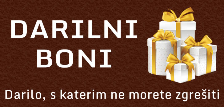 Darilni bon – unovčljiv v spletni trgovini, fizični trgovini v Ljubljani in za storitve avtoelektrike. Banner z 3 darilnimi škatlami z zlatimi pentljami.