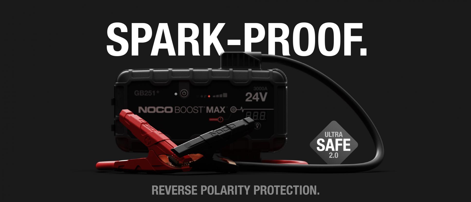 Lithium booster jump starter Noco GB251. Spark proof. Reverse polarity protection.