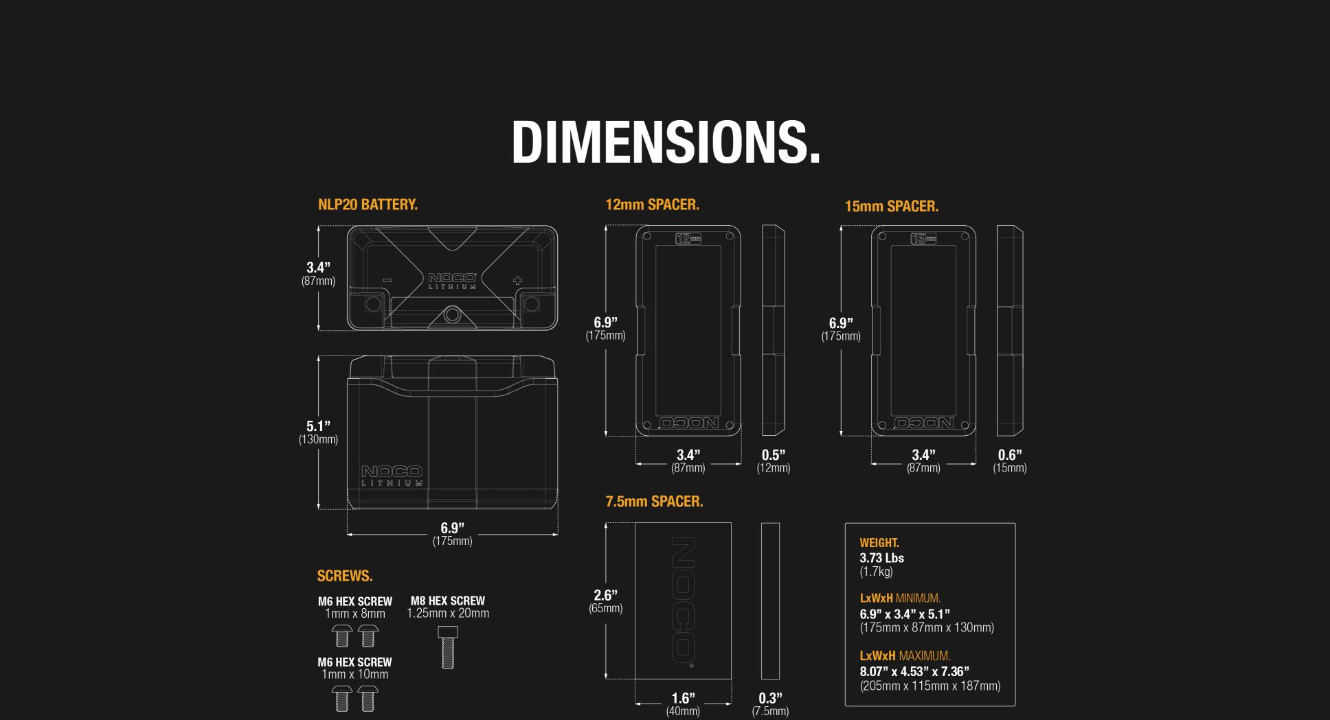 NOCO NLP batteries features. NLP20 dimensions and weight
