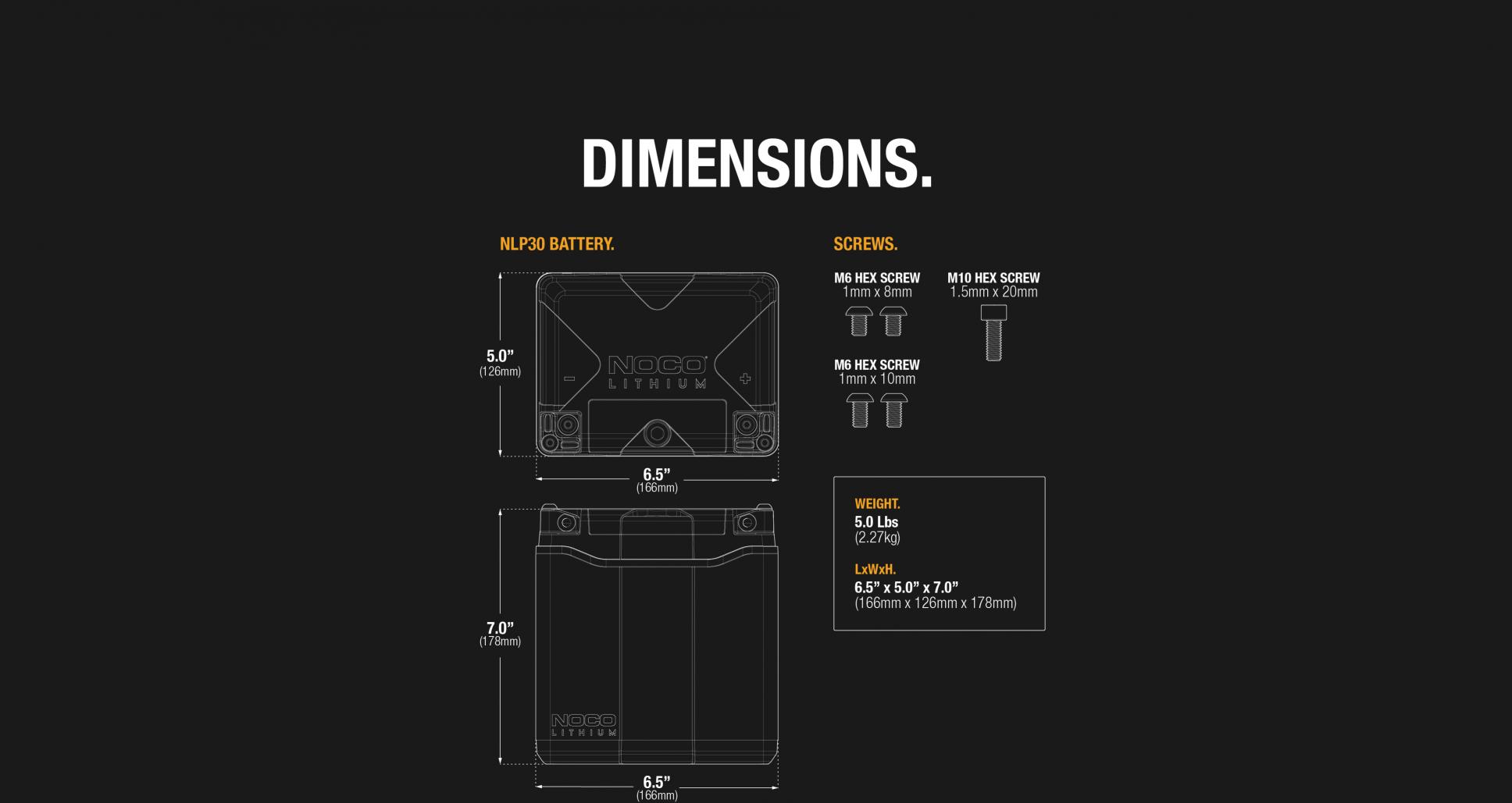 NOCO NLP batteries features. NLP30 dimensions and weight