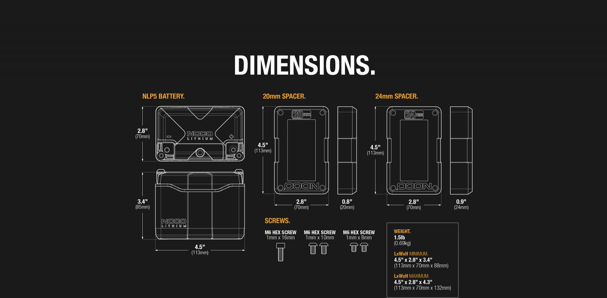 Noco li-ionske baterije za motorje. Dimenzije in velikost